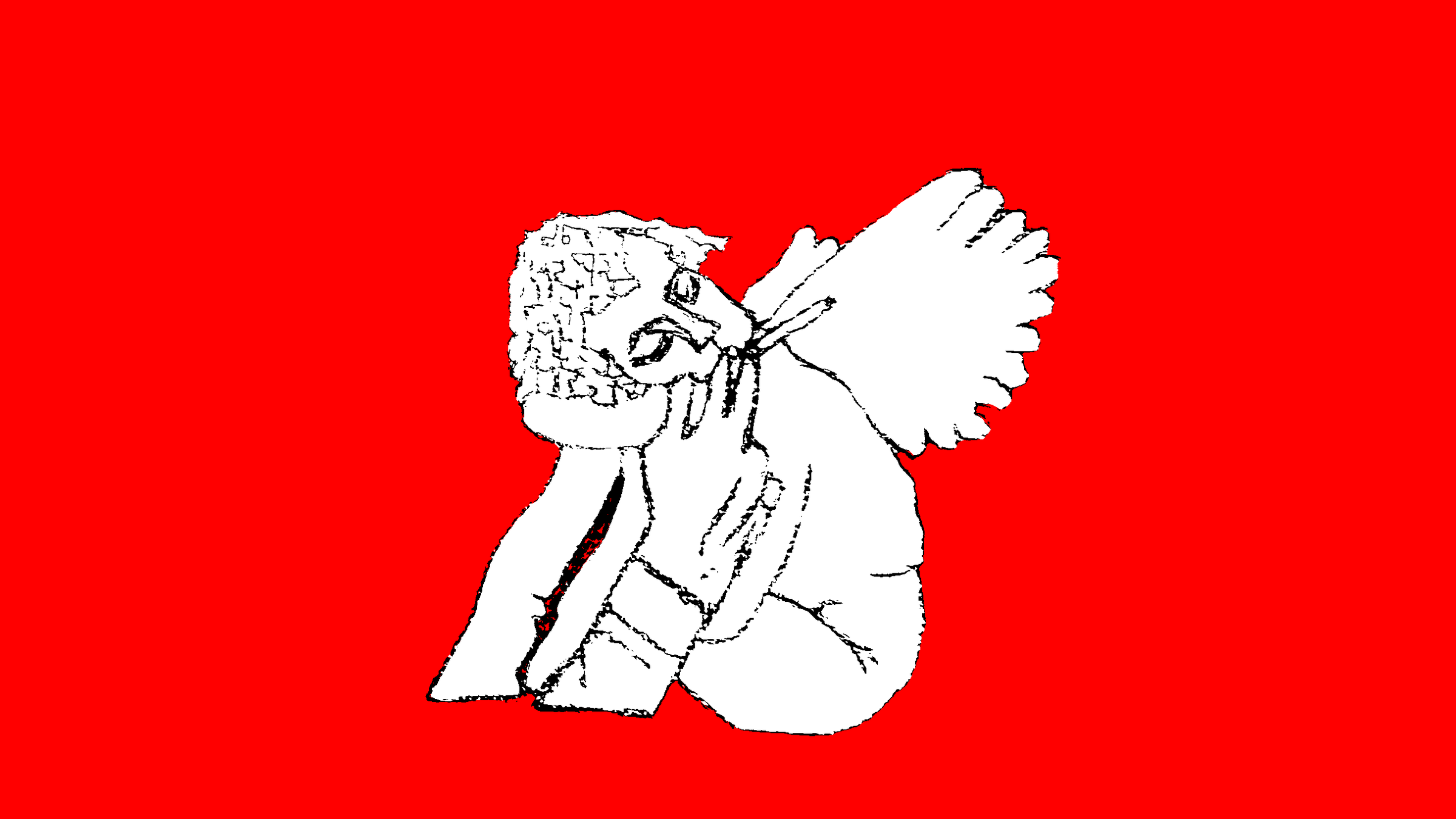 Black and white line drawing centered on a red background.