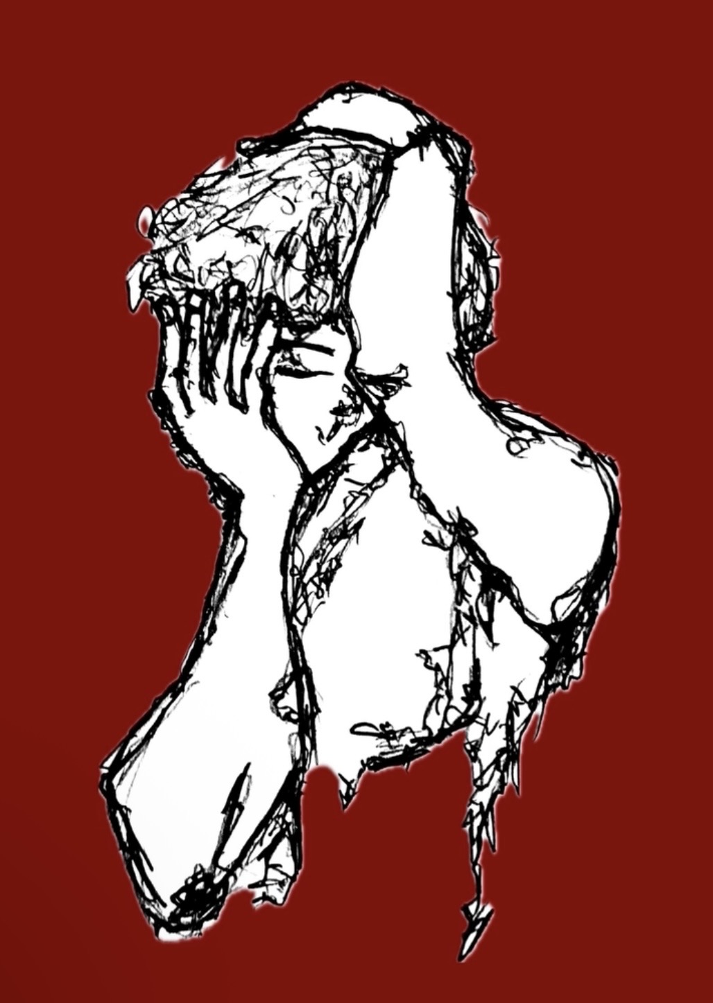 Black-and-white figure drawing on a deep red background
